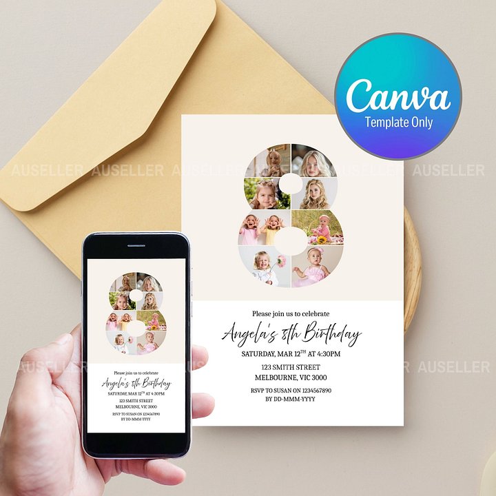 8th Birthday Photo Collage Editable Invitation Template product image (1)