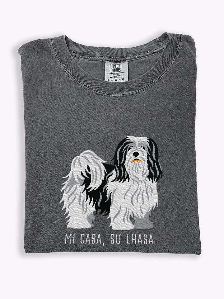 Mi Casa, Su Lhasa T-Shirt(Embroidered) of a Lhasa Apso(Black & White) product image (1)