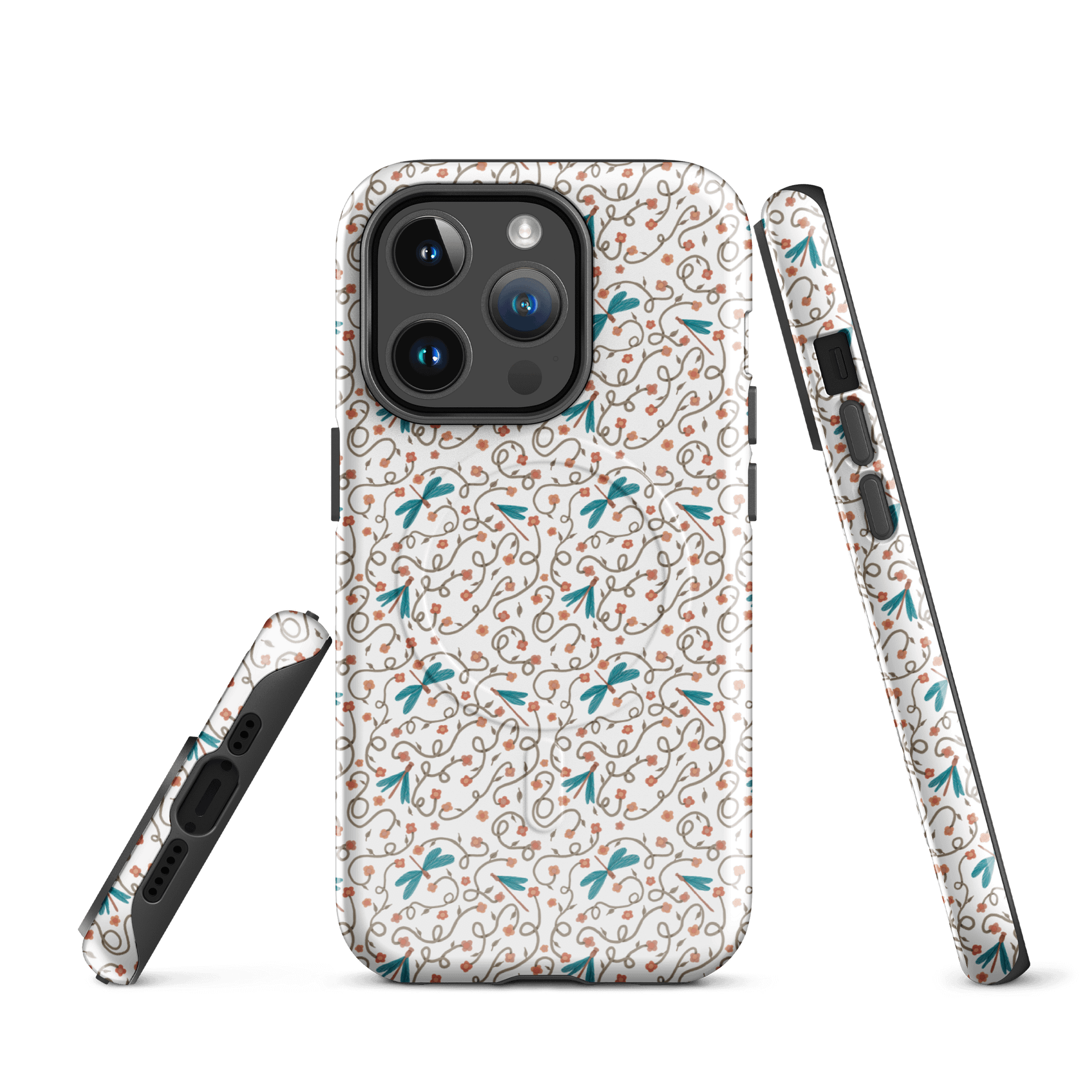 MagSafe tough case for iPhone with dragonfly and floral design. Artistic nature inspired protection product image (1)