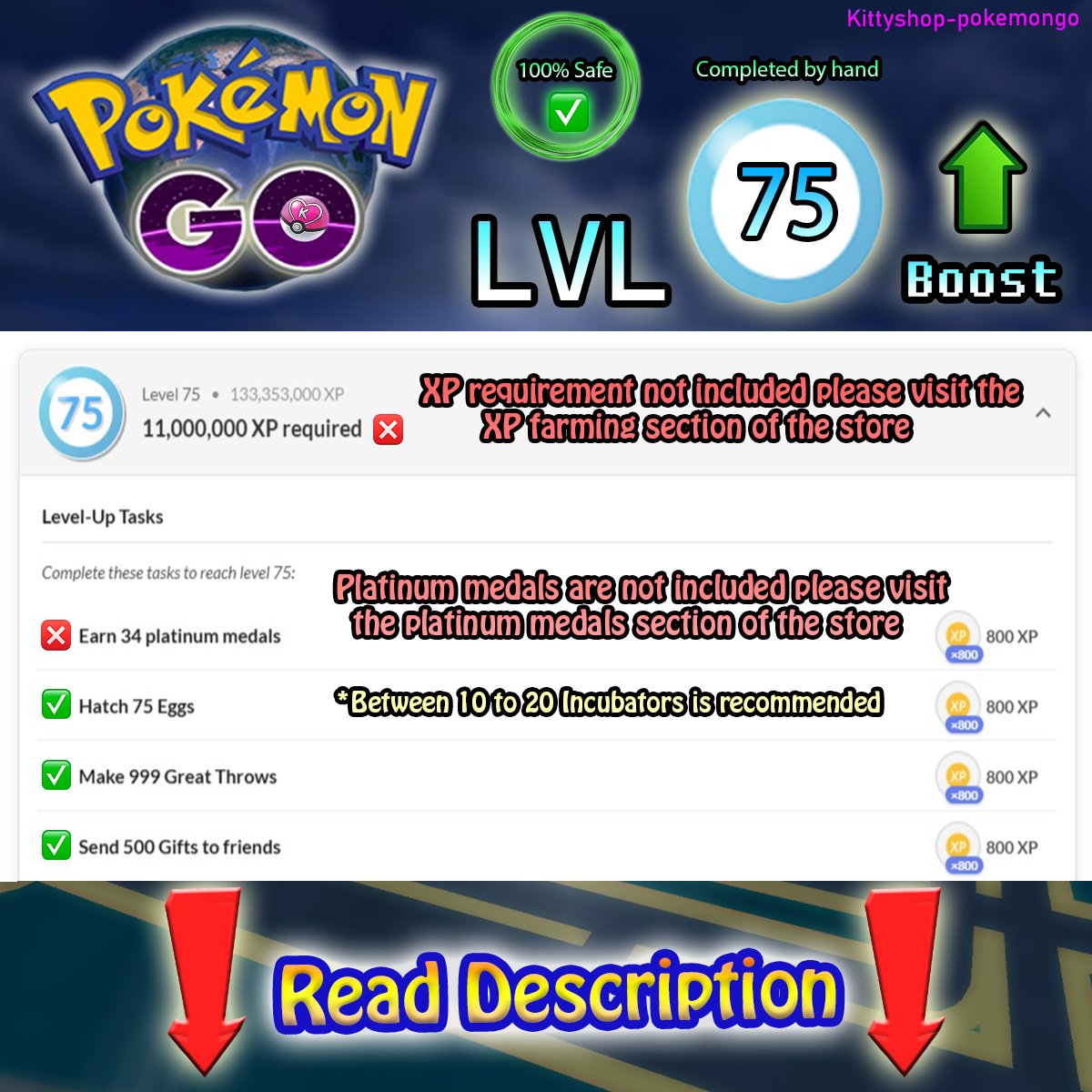 🟢Pokémon Go! LVL 75 Boost ⬆️- level 75 Quests completion fast and 100% Safe by an experienced player product image (1)