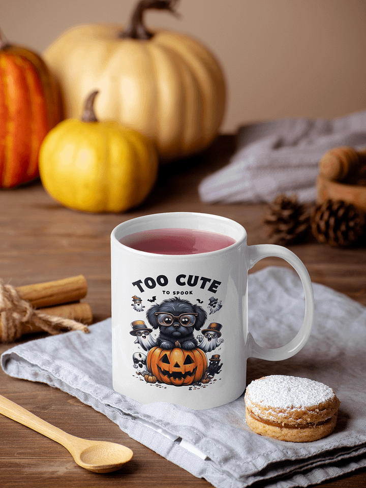 "Too Cute To Spook" Halloween Dog Mug | Cute Ghost Puppy & Pumpkin Coffee Cup product image (1)