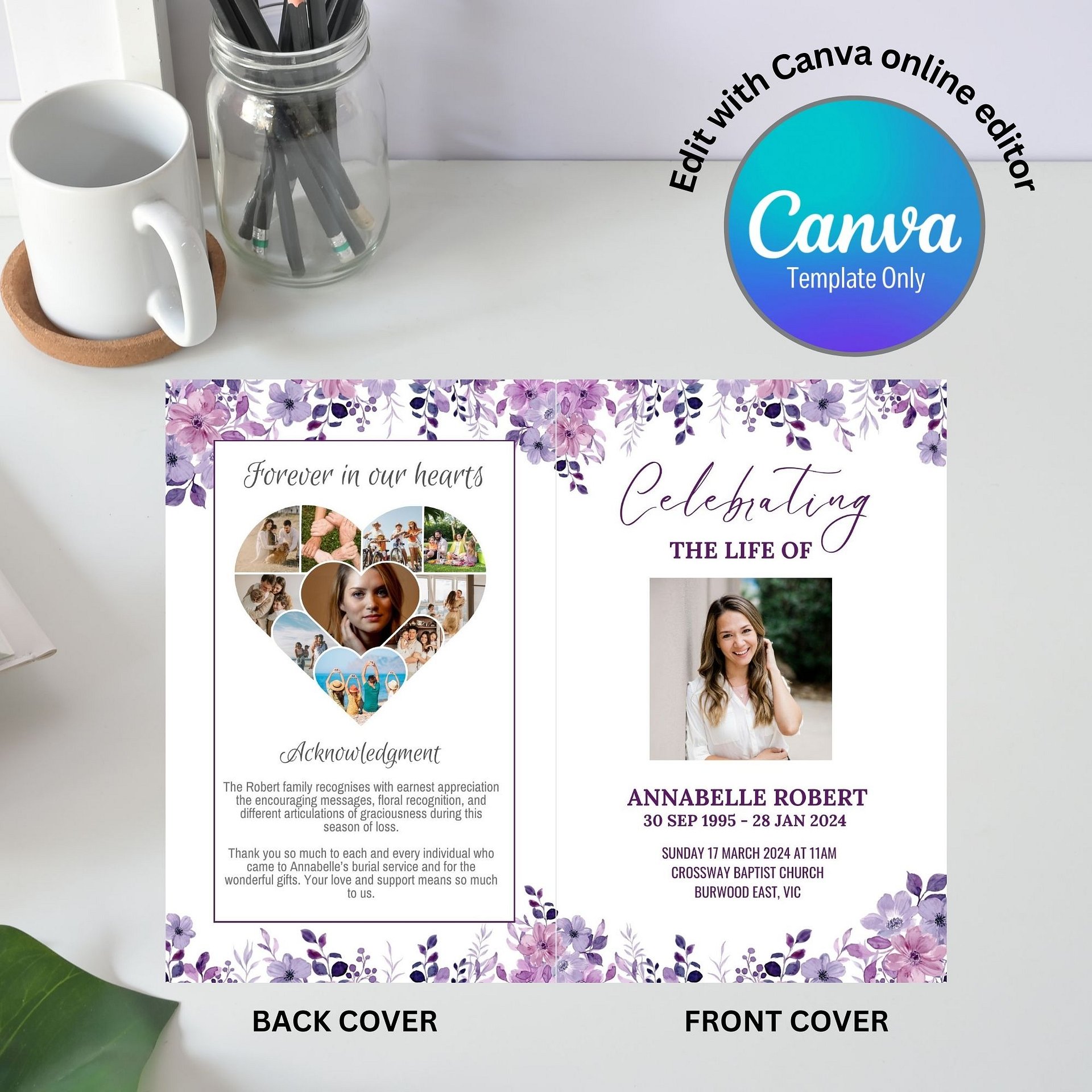 Purple Flowers Funeral Program Canva Template product image (4)