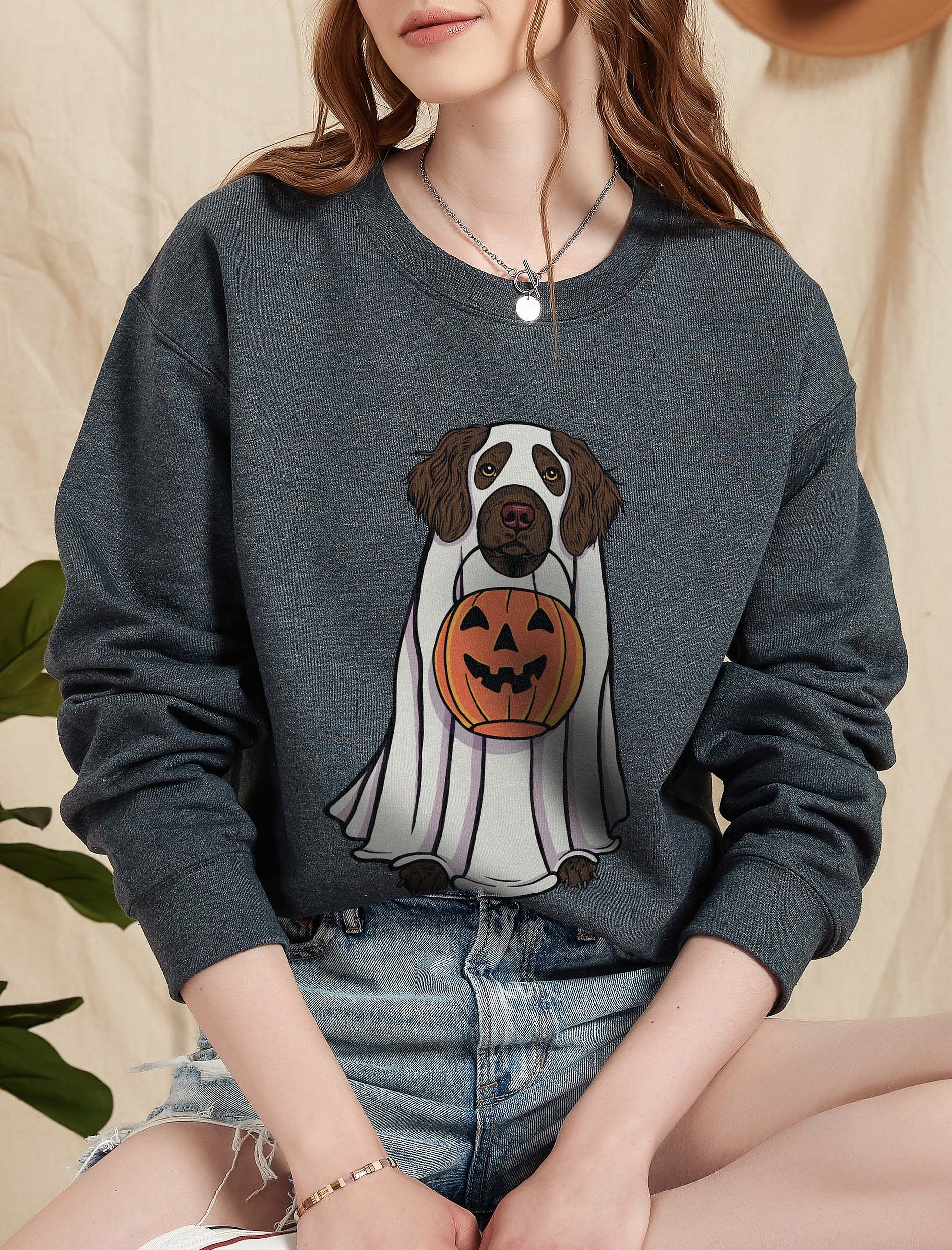 Funny Halloween Boykin Spaniel Sweatshirt | Funny Boykin Spaniel Wearing a Ghost Costume and Holding a Pumpkin Basket product image (5)