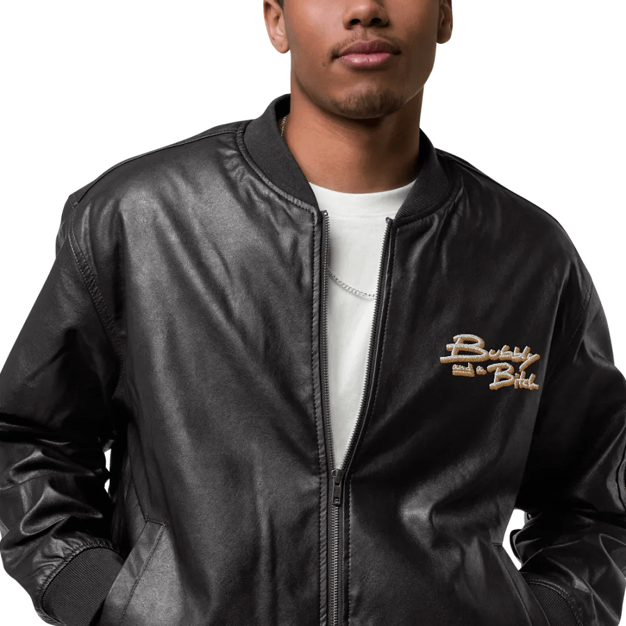 Bubbly and a B (tan shadow design) faux leather bomber jacket product image (6)