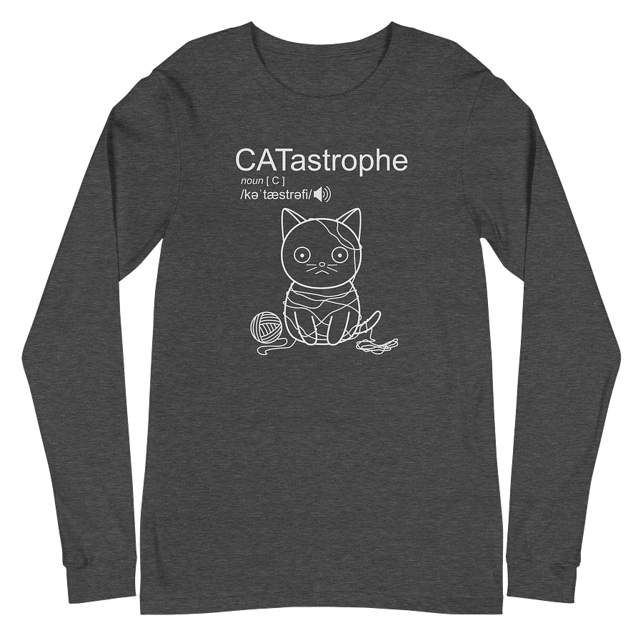 CATastrophe Unisex Long Sleeve Tee, Cat with Yarn, White Print product image (2)