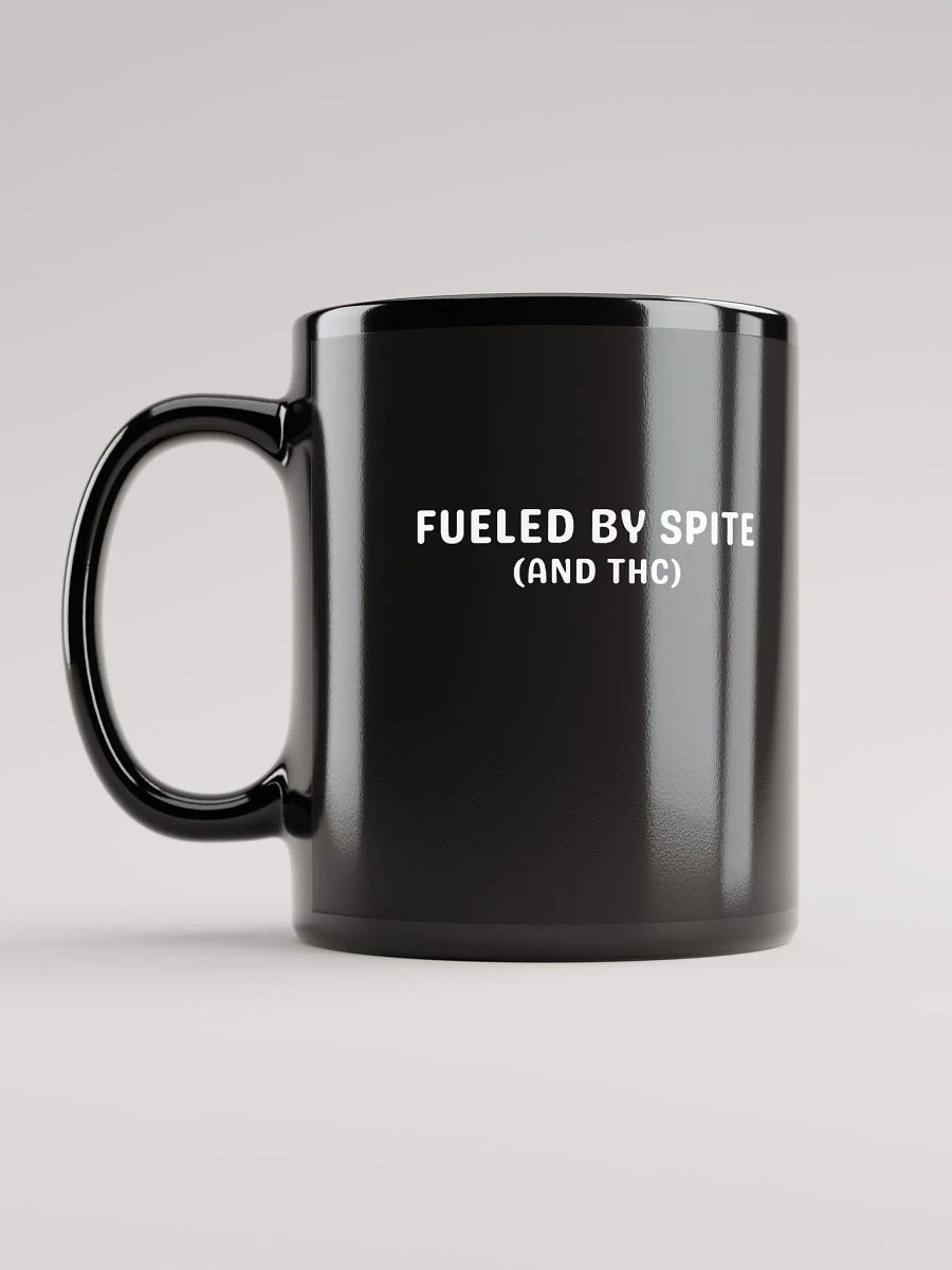 FUELED BY SPITE (white design) glossy black mug product image (12)
