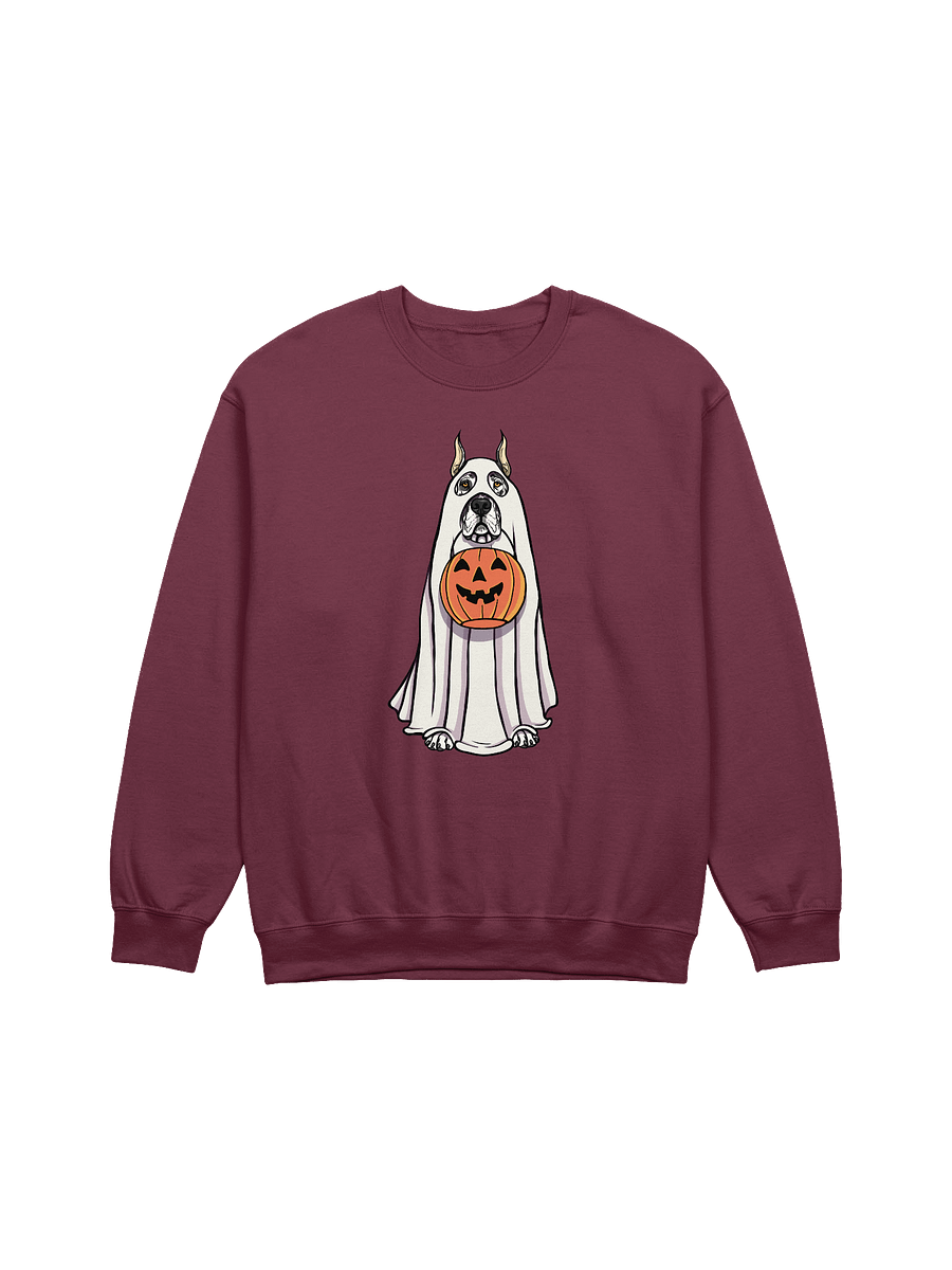 Funny Halloween Great Dane(Cropped Ears Harlequin) Sweatshirt | Funny Great Dane Wearing a Ghost Costume and Holding a Pumpkin Basket product image (12)