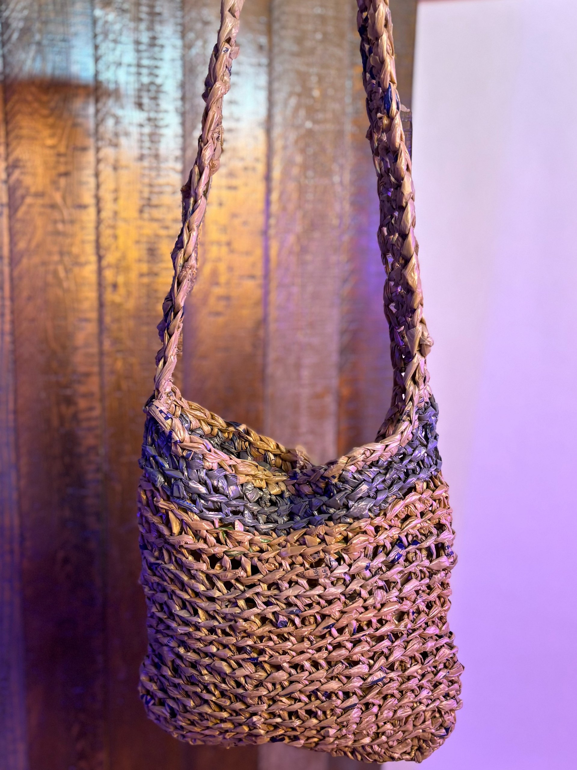 Small Handcrafted Crochet Tote Bag (Brown with Grey Stripe) product image (1)