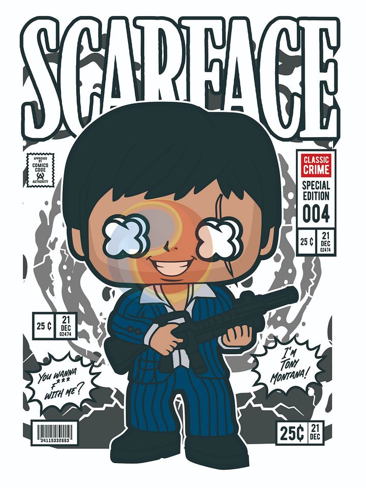 Cartoon Scarface Comic Cover – Chibi Gangster with Machine Gun Vector - Instant Download product image (1)