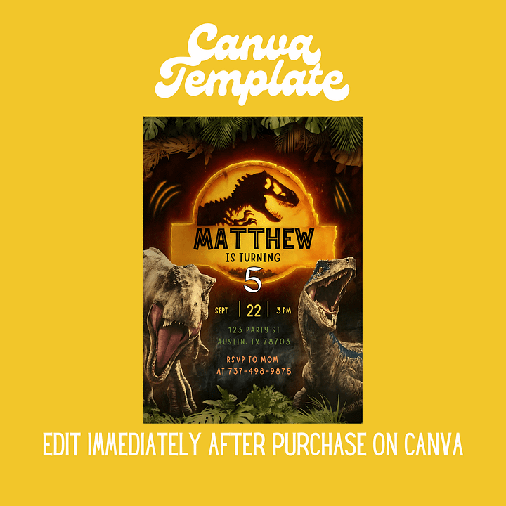 Jurassic Park Birthday Invitation 5x7 | Dinosaur Party Invite | Editable Canva Template | T-Rex Digital & Printable Dino Birthday product image (2)