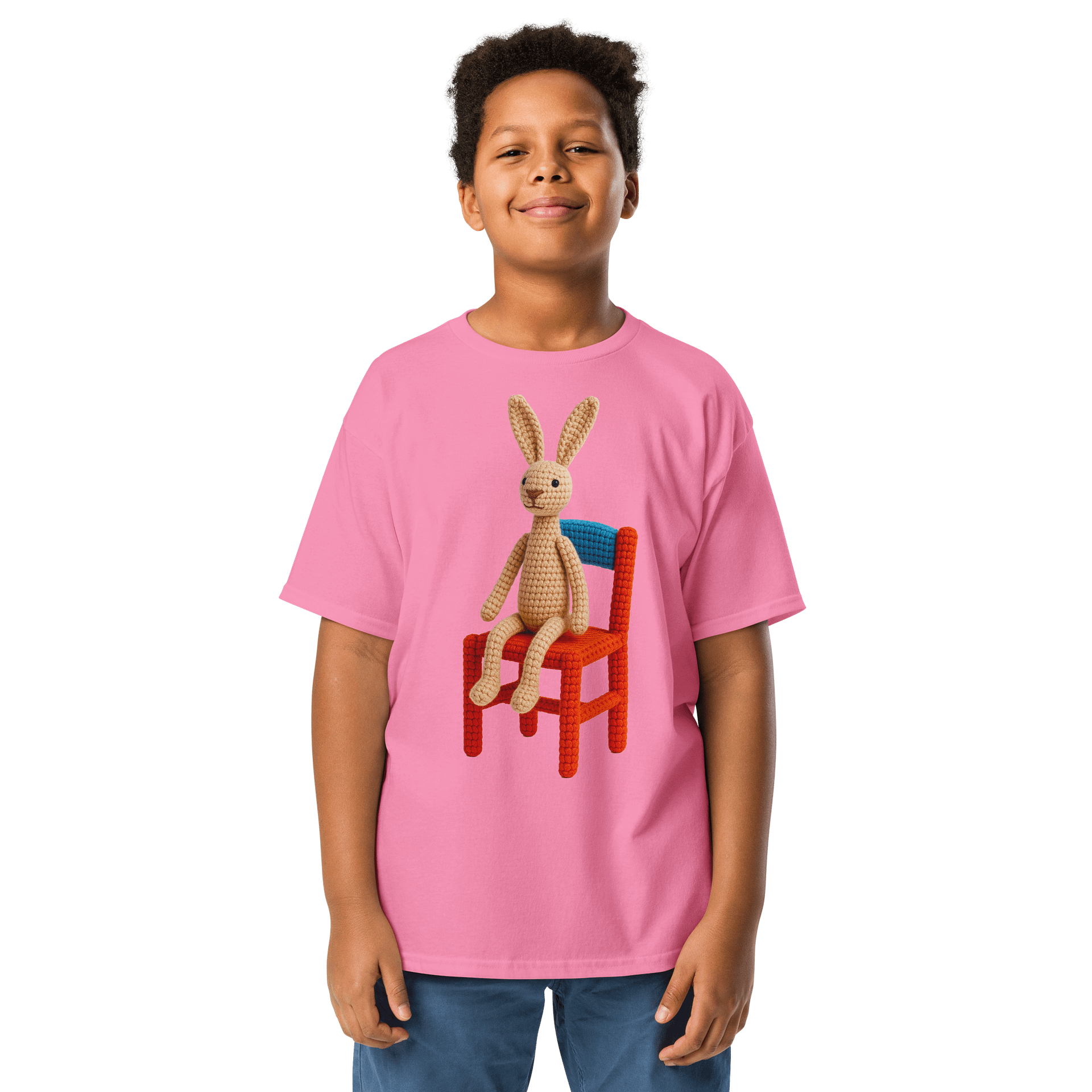 Hare on a Chair Kids T-Shirt: Whimsical Handcrafted Crochet Art product image (6)