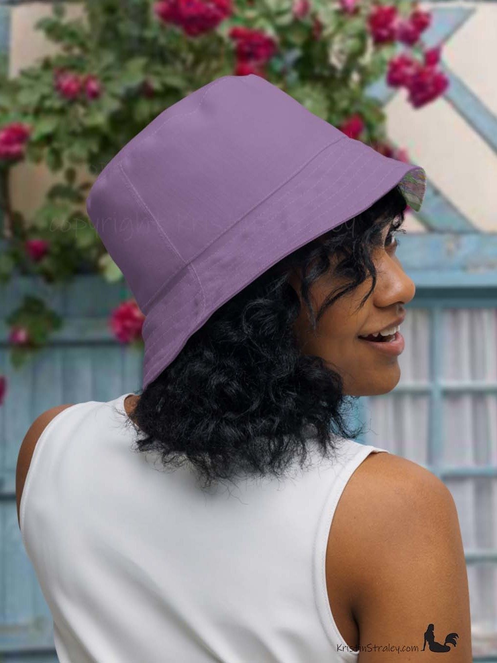 Reversible Bucket Hat Lavender Flowers on Gingham and Solid Plum product image (7)