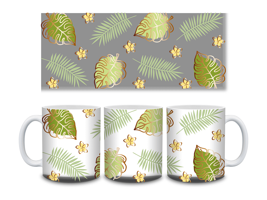 (Gold Border) Tropical Leaves and Flowers 11oz Coffee Mug – Nature-Inspired Ceramic Cup with Monstera and Floral Design – Perfect Gift for Plant Lovers product image (3)