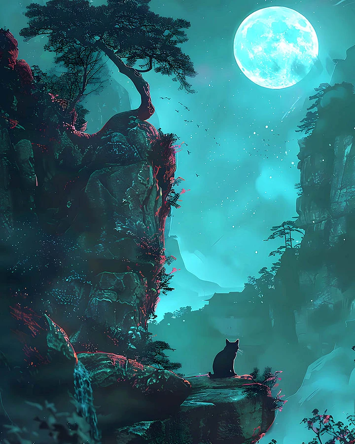 Mystical Cat Silhouette Under a Luminous Moon Fantasy Matte Poster product image (1)