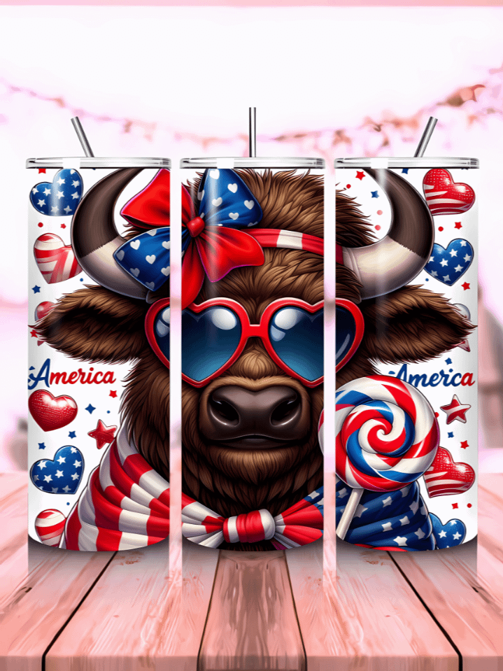 America Highland Cow Tumbler Wrap – 20oz Skinny Sublimation PNG Design – Patriotic Cow for 4th of July – Instant Digital Download – High-Resolution 300 DPI product image (1)