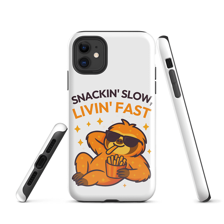 Snackin’ Slow, Livin’ Fast – Funny Sloth iPhone Case | Fries Lover Tough Phone Case – Sloths Having Snacks Collection product image (1)