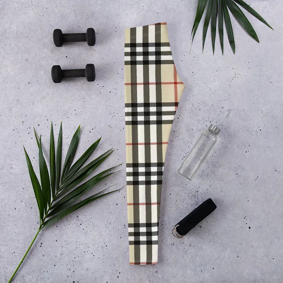 Classic Beige Plaid Leggings: Timeless Tartan Print Women's Fashion Pants product image (2)