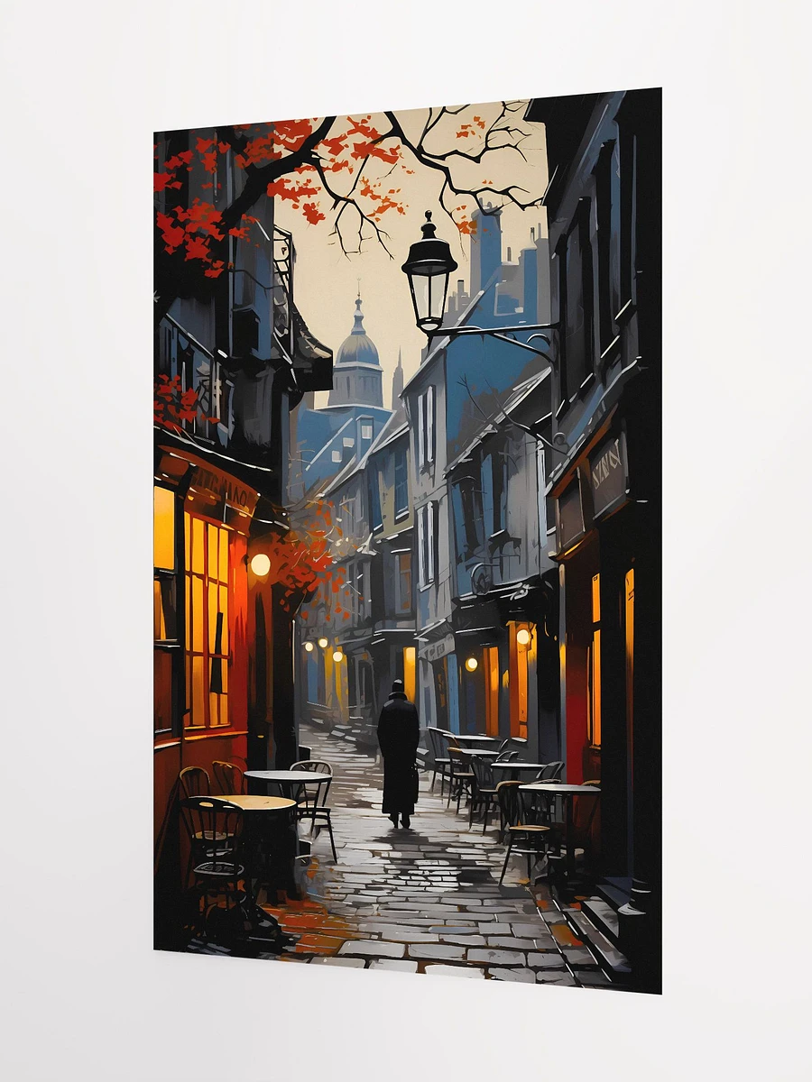 Mans Walks Down Old Cobblestone Street at Dusk in Autumn Fall Leaves Matte Poster product image (5)