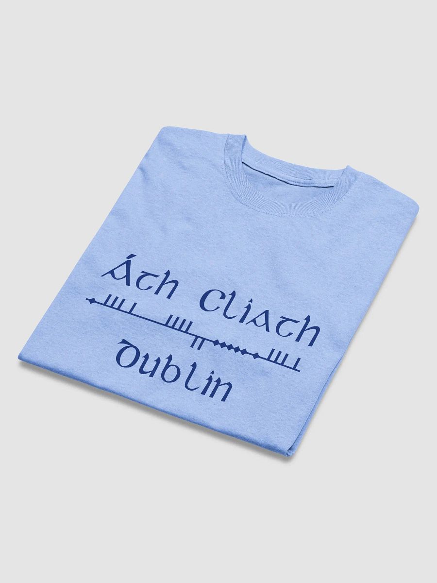 Dublin/Áth Cliath Scholastic style Ogham, light blue with navy, printed T-shirt product image (3)