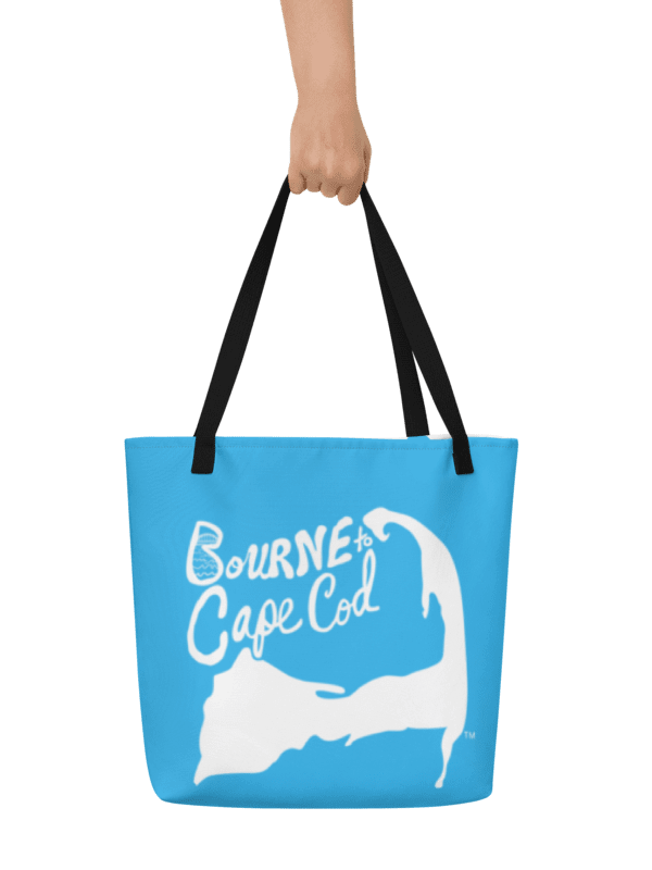 BOURNE to Cape Cod™ | Large Tote Bag with Pocket | Coastal Classic | All-Over Logo Print | White Logo on Deep Sky Blue product image (1)