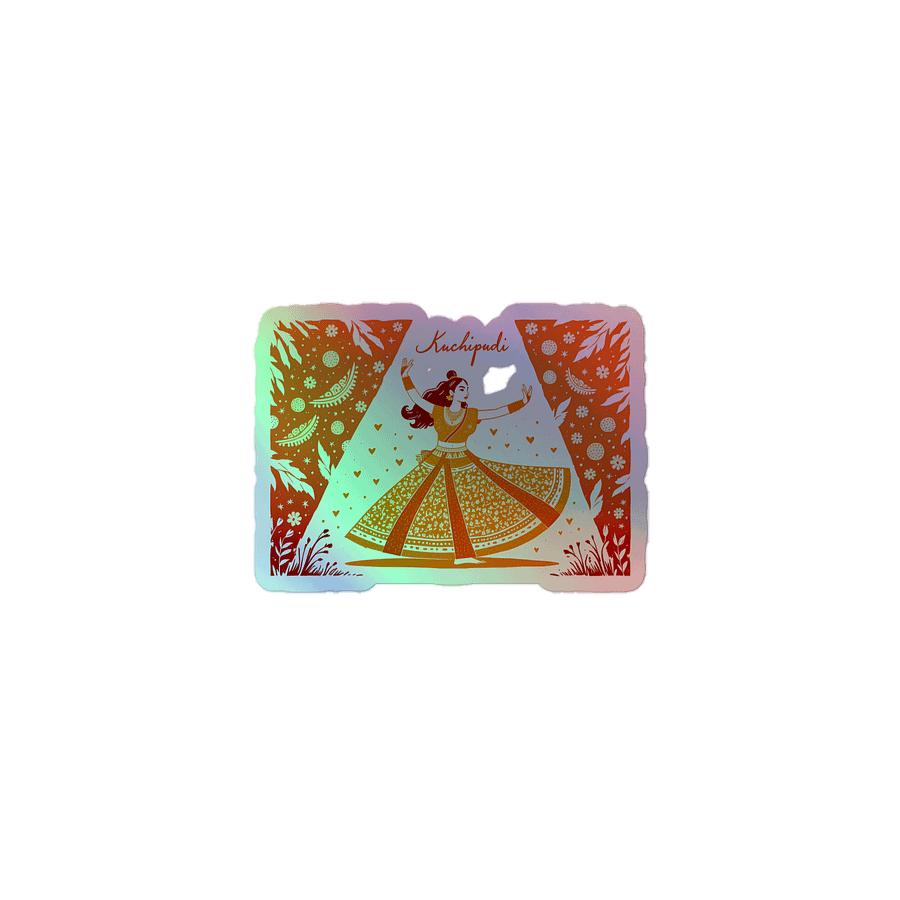 Elegant Kuchipudi Performance | Orange-Hued Art Print Holographic Sticker product image (1)
