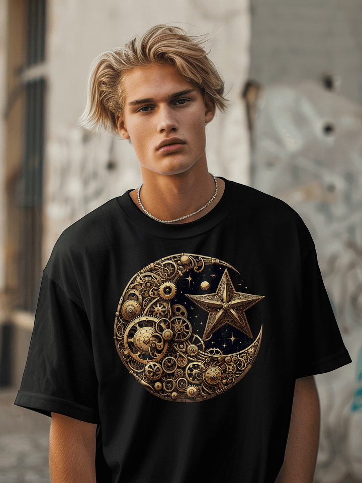 ⚙️ Steampunk Moon & Star T-Shirt – Celestial Gear Design | Retro Futuristic Clockwork Cosmos Tee product image (2)