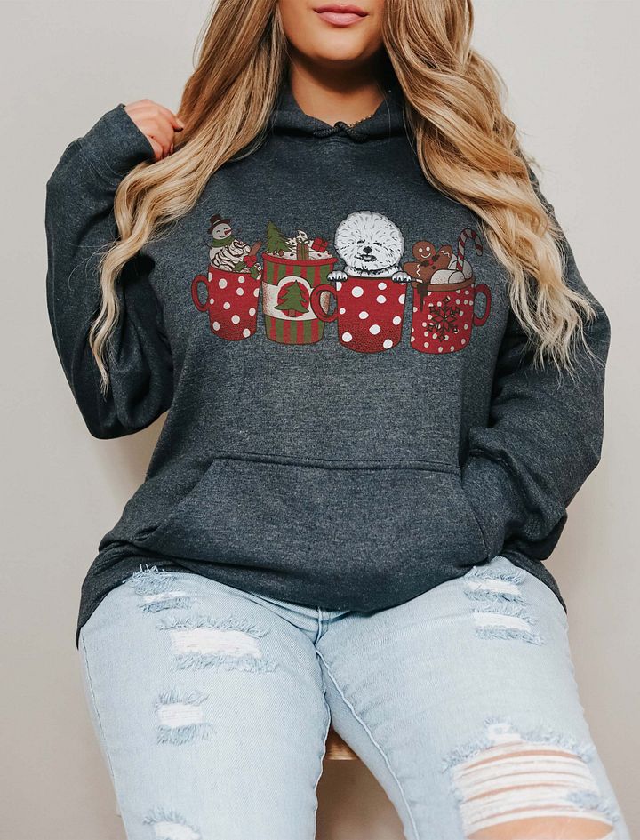 Cute Bichon Frise in a Christmas Cup Hooded Sweatshirt | Funny Christmas Pup in a Cup product image (1)