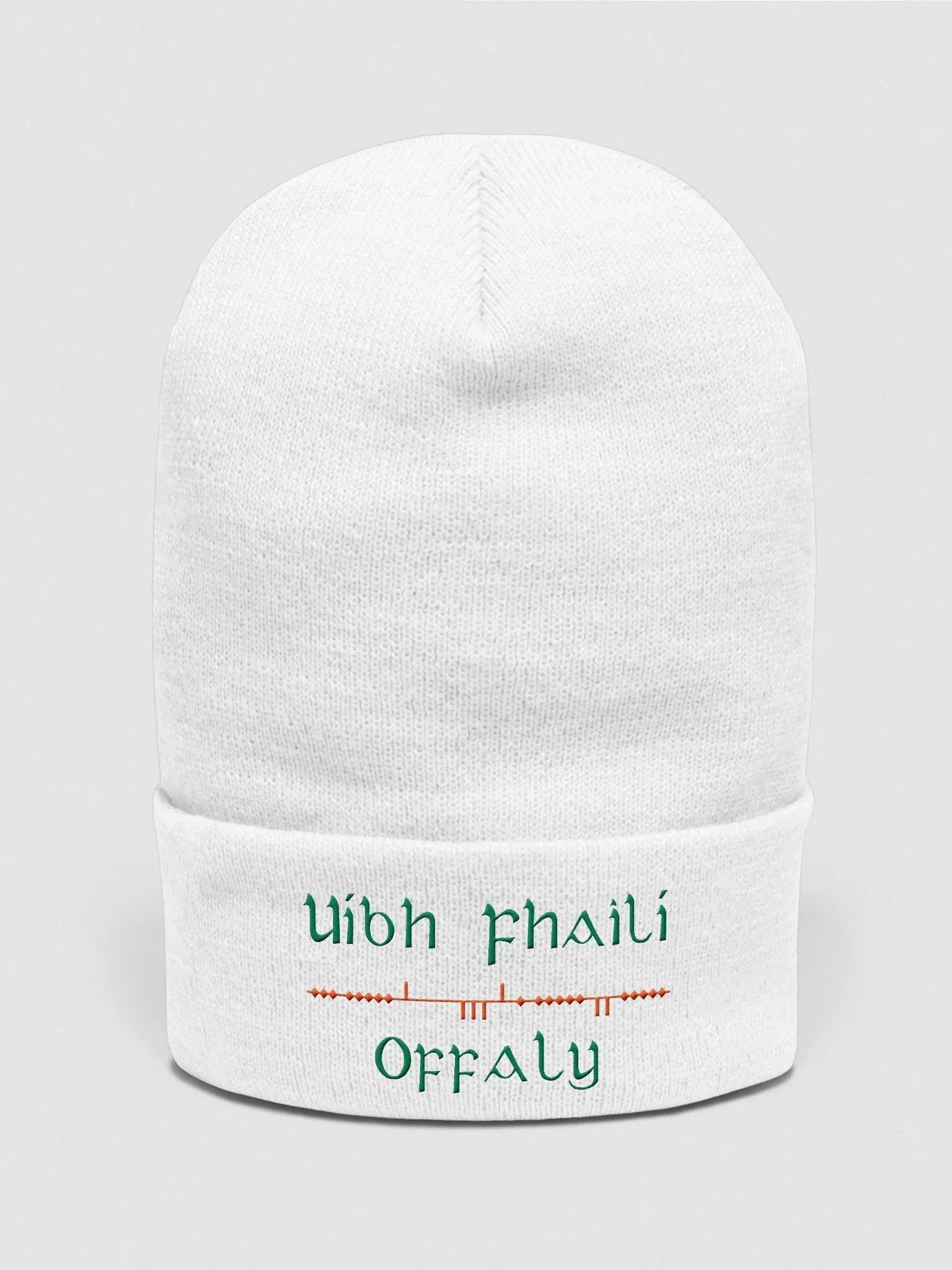Offaly/Uíbh Fhailí Scholastic style Ogham, white with green and orange, embroidered Cuffed Beanie product image (1)