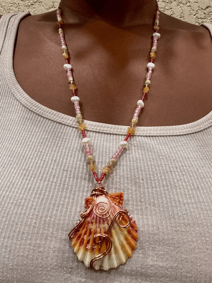 Beaded Seashell Necklace Freshwater Pearls and Aventurine Beads product image (2)
