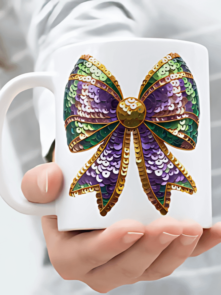 Coquette Bow Mardi Gras Mug Wrap – 11oz & 15oz Sublimation PNG Design – Elegant Carnival Theme in Festive Colors – Instant Digital Download – High-Resolution 300 DPI product image (1)