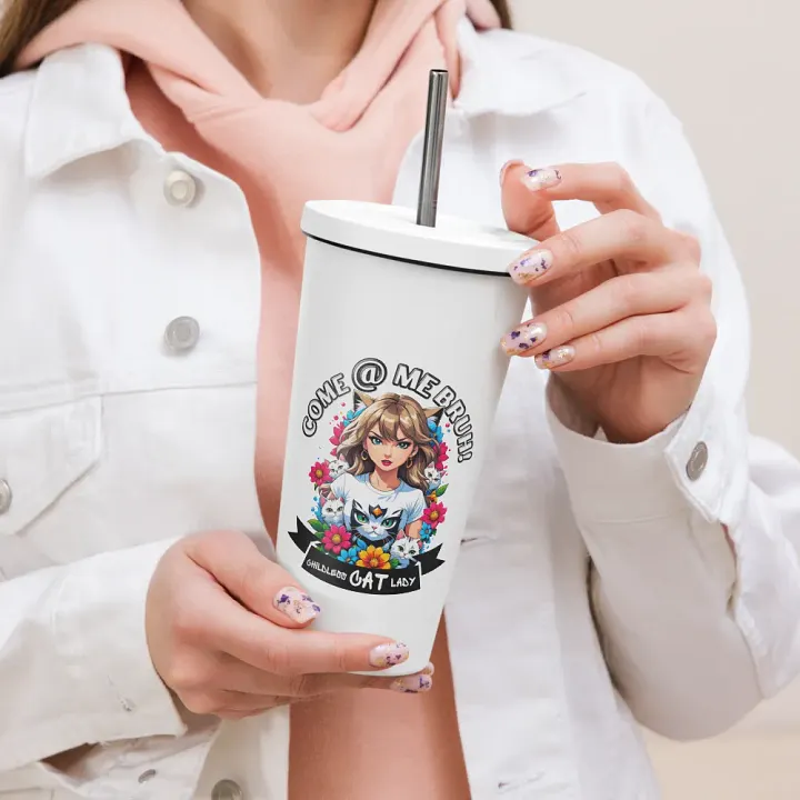 Childless Cat Lady 20 oz Tumbler Cup - White - Insulated Tumbler with a Straw product image (2)