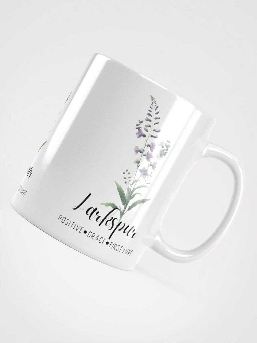 Larkspur Ceramic White Mug: Positive, Grace, First Love, July Birth Month Flower product image (6)