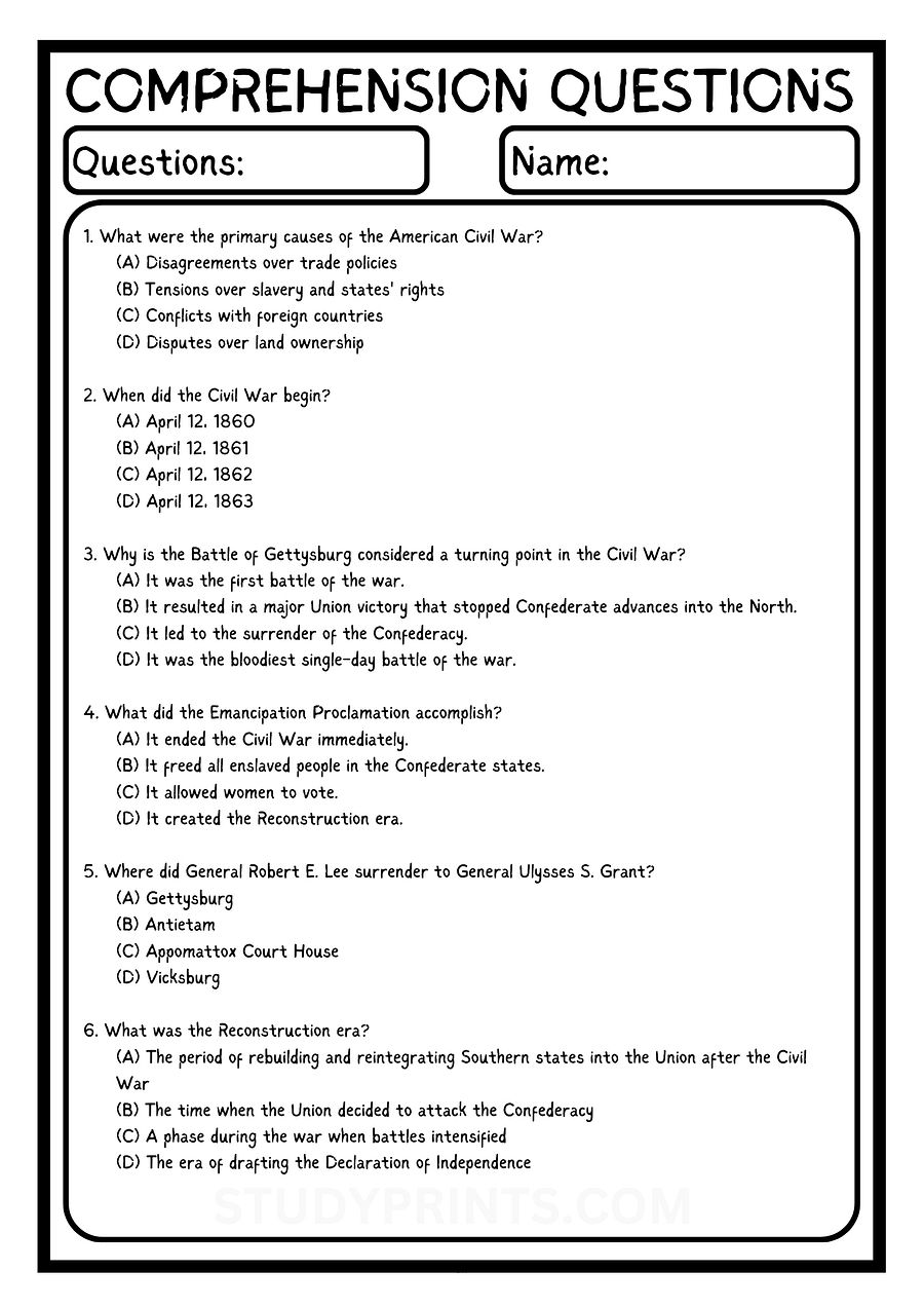 American Civil War Reading Comprehension Worksheet with 6 Questions PDF product image (3)