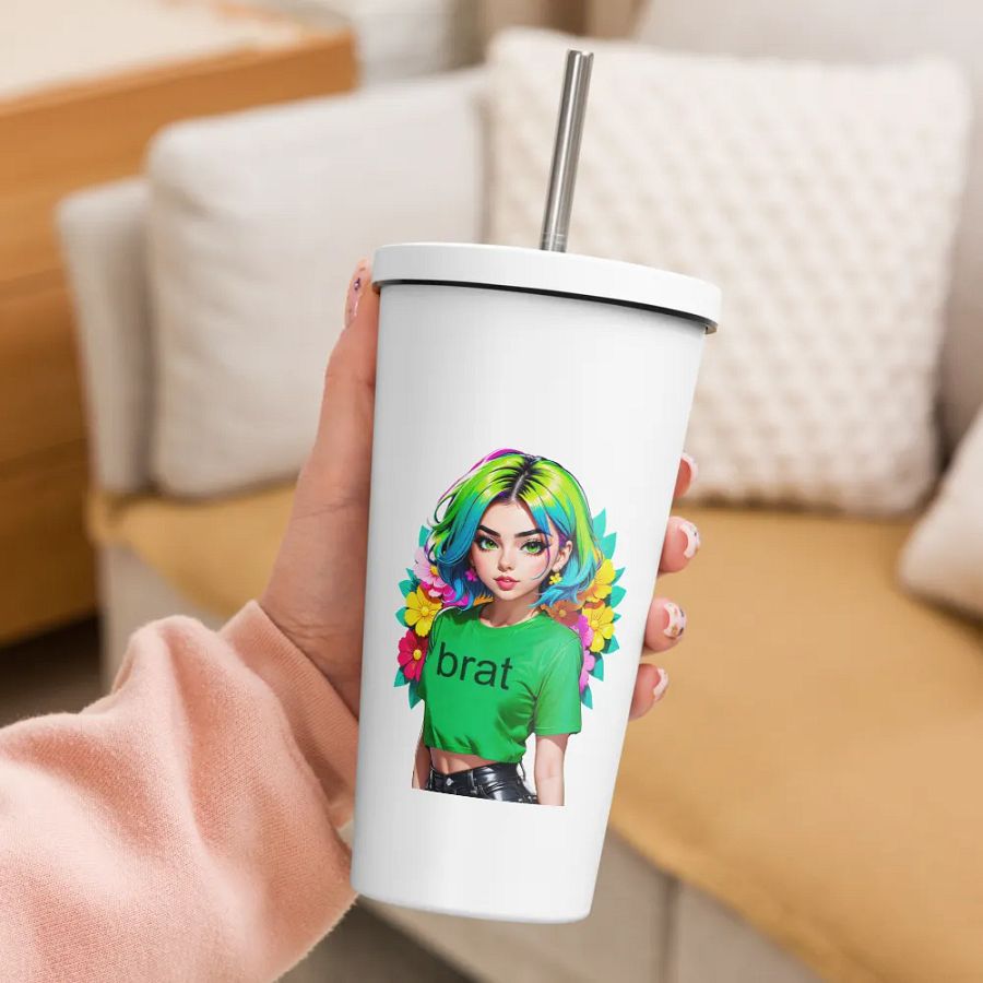 Brat 20 oz Tumbler Cup - White - Insulated Tumbler with a Straw v1 product image (3)