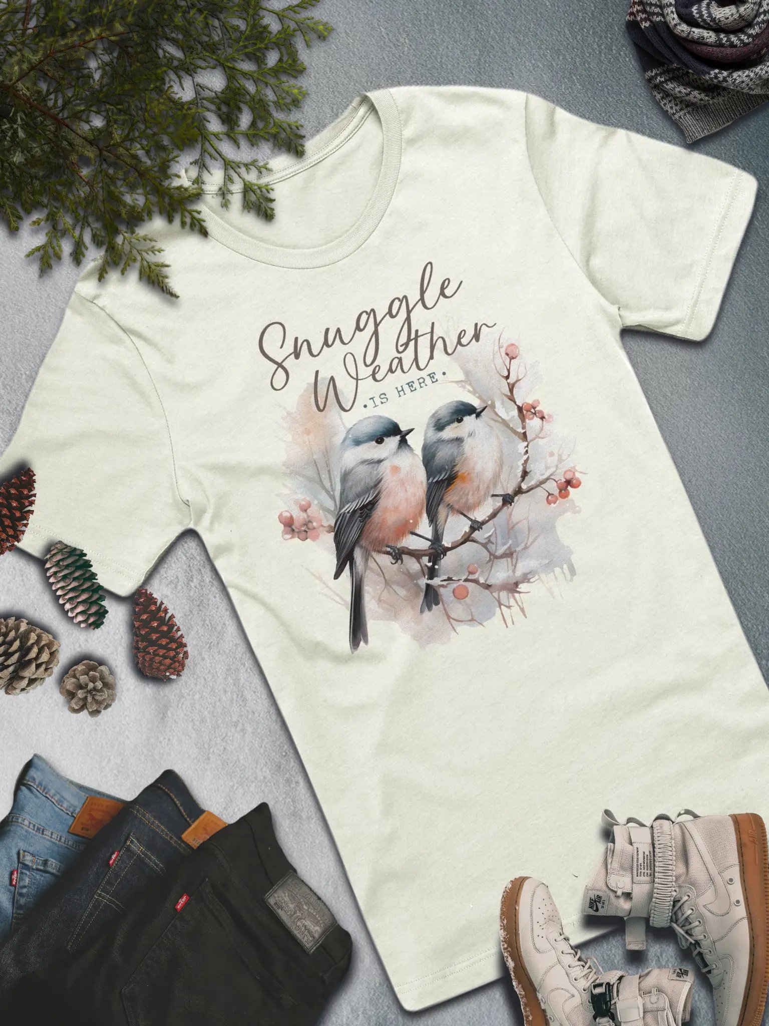Snuggle Weather Birds T-Shirt – Cozy Winter Style product image (4)