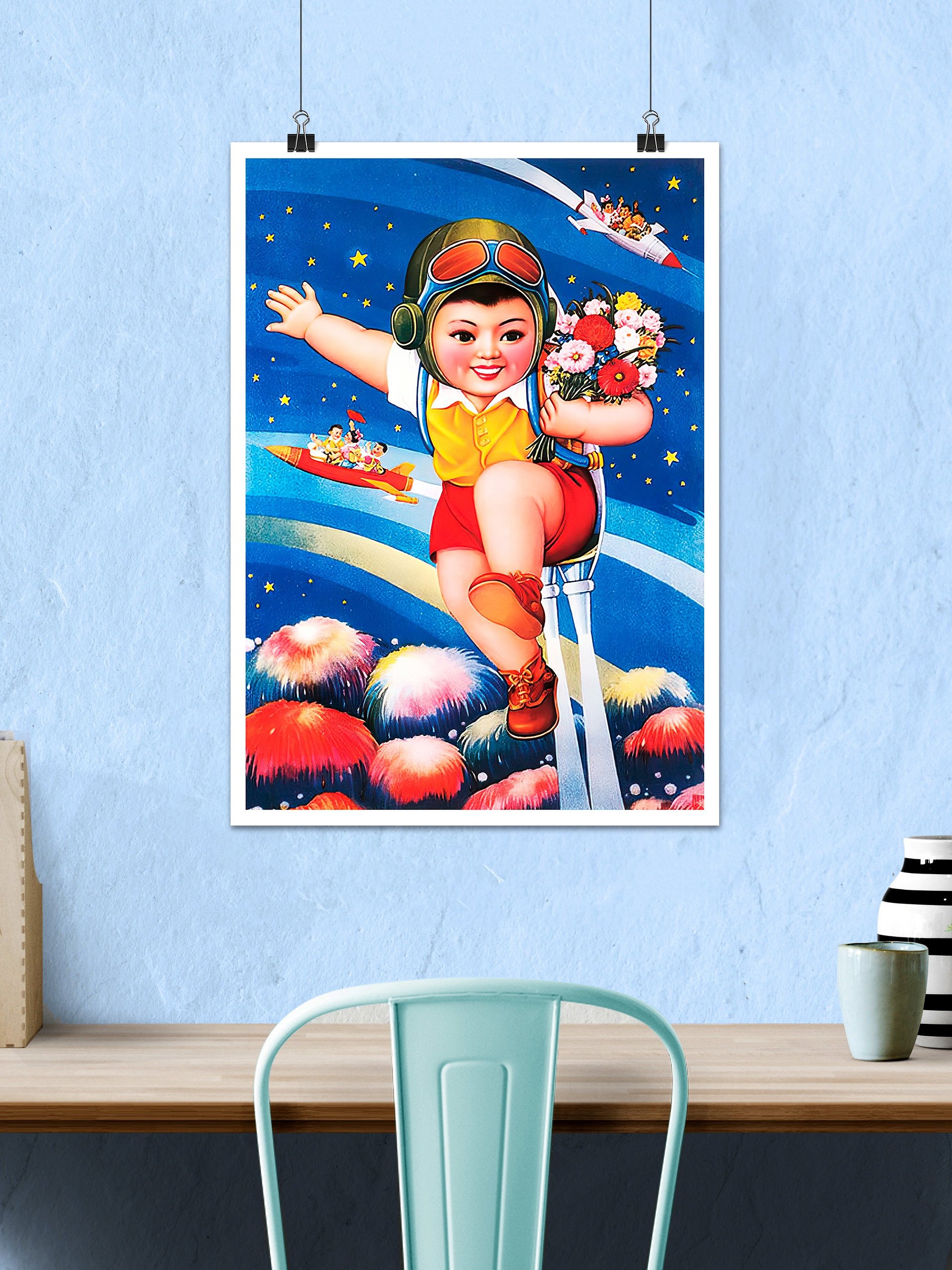 Little guest in space, China 1980 — Chinese space retro poster propaganda, propaganda poster, soviet art, soviet space product image (2)