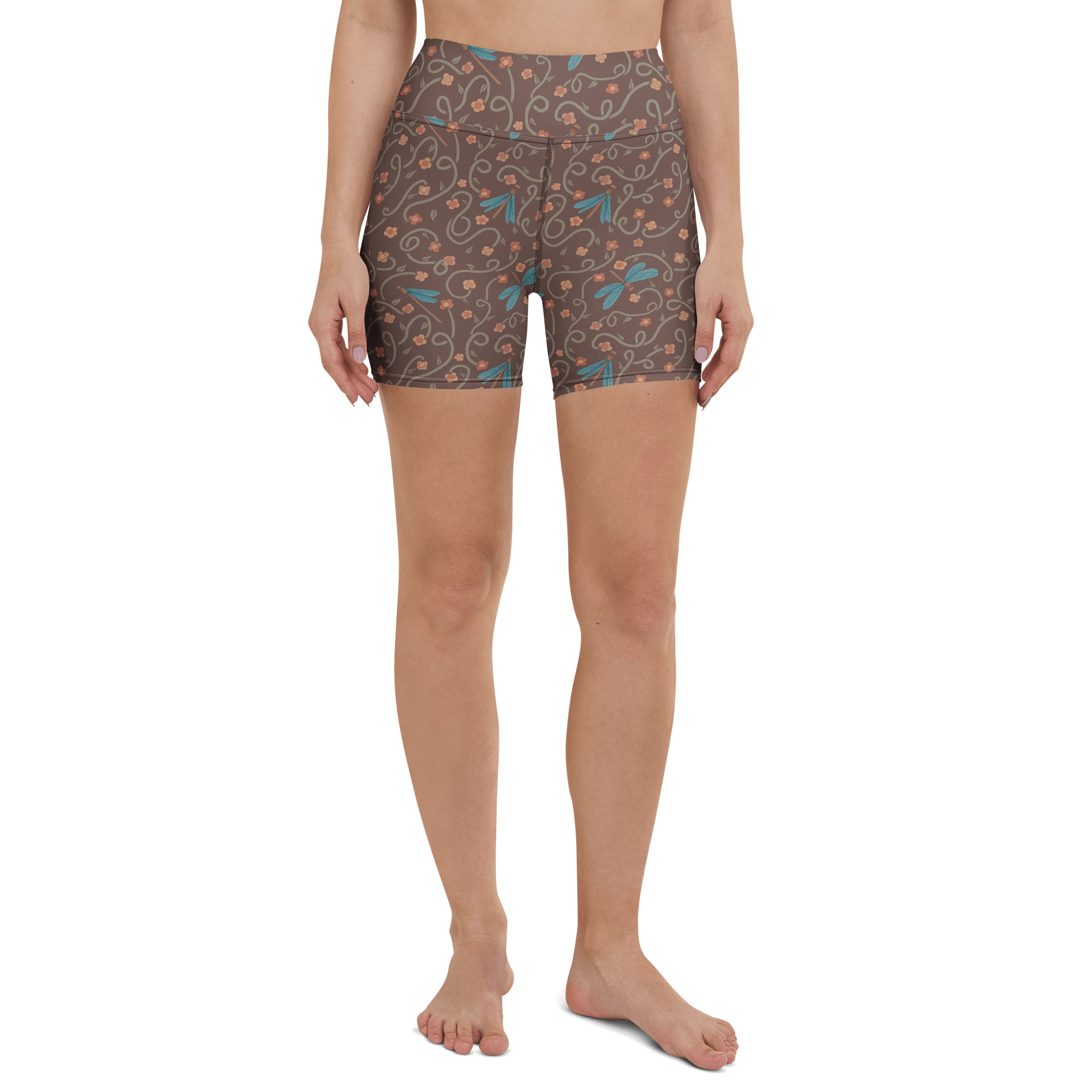 Print yoga shorts with dragonflies and floral pattern. Artistic activewear product image (2)