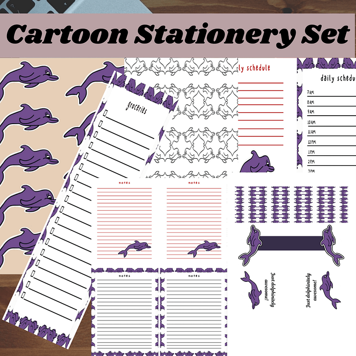 Cute Cartoon Dolphin Themed Printable Stationery Set| Notepad| Daily Schedule| Grocery List| To Do List| Stickersheet| Kawaii Bookmarks product image (1)