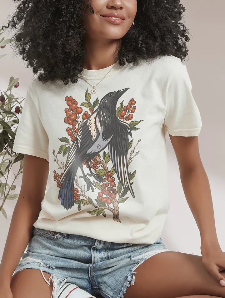 Goblincore and Cottagecore Shirts for Bird Lovers | Magpie on a Cranberry Plant Botanicals T-Shirt product image (10)