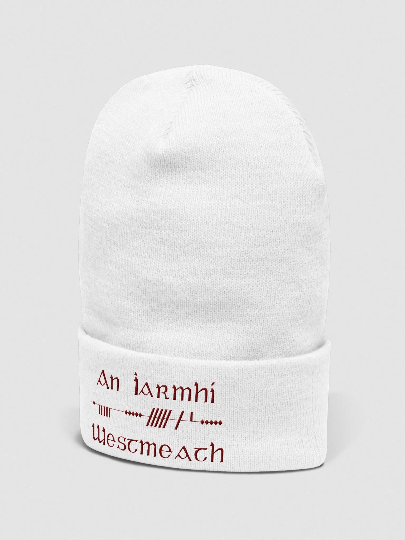 Westmeath/An Iarmhí Scholastic style Ogham, white with maroon, embroidered Cuffed Beanie product image (2)