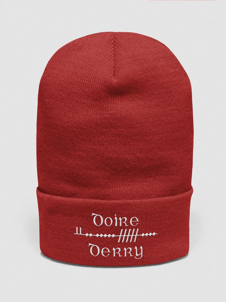 Derry/Doire, Scholastic style Ogham, red with white, embroidered Cuffed Beanie product image (1)