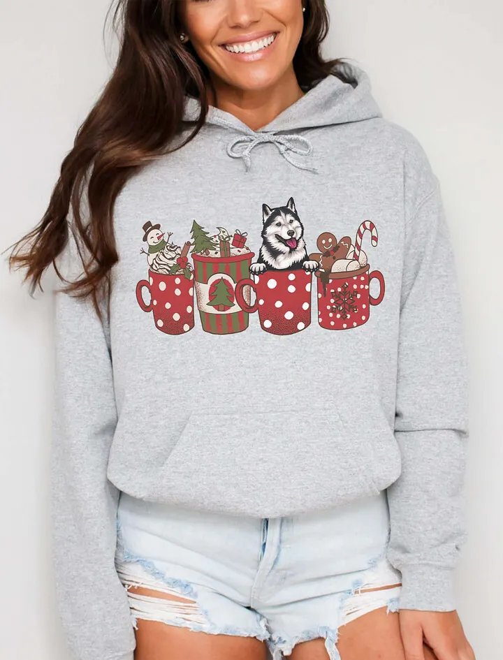 Cute Siberian Husky in a Christmas Cup Hooded Sweatshirt | Funny Christmas Pup in a Cup product image (21)