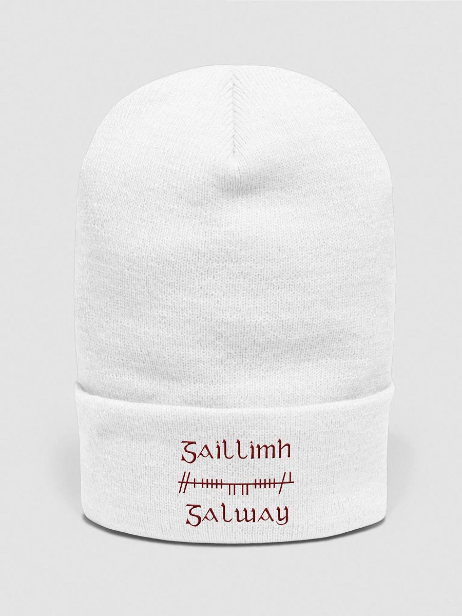 Galway/Gaillimh Orthodox Style Ogham, White with Maroon, embroidered Cuffed Beanie product image (1)