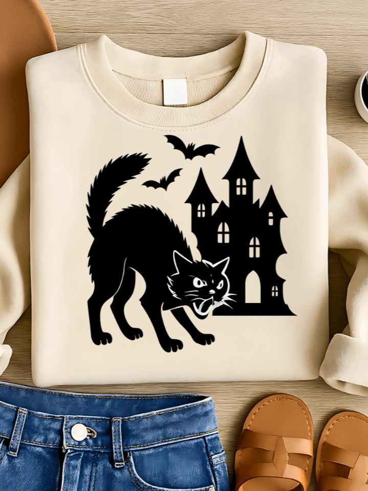 Haunted House Black Cat Sublimation PNG – Spooky Clipart for T-Shirts – Haunted Halloween Night – 300 DPI Instant Digital Download product image (1)