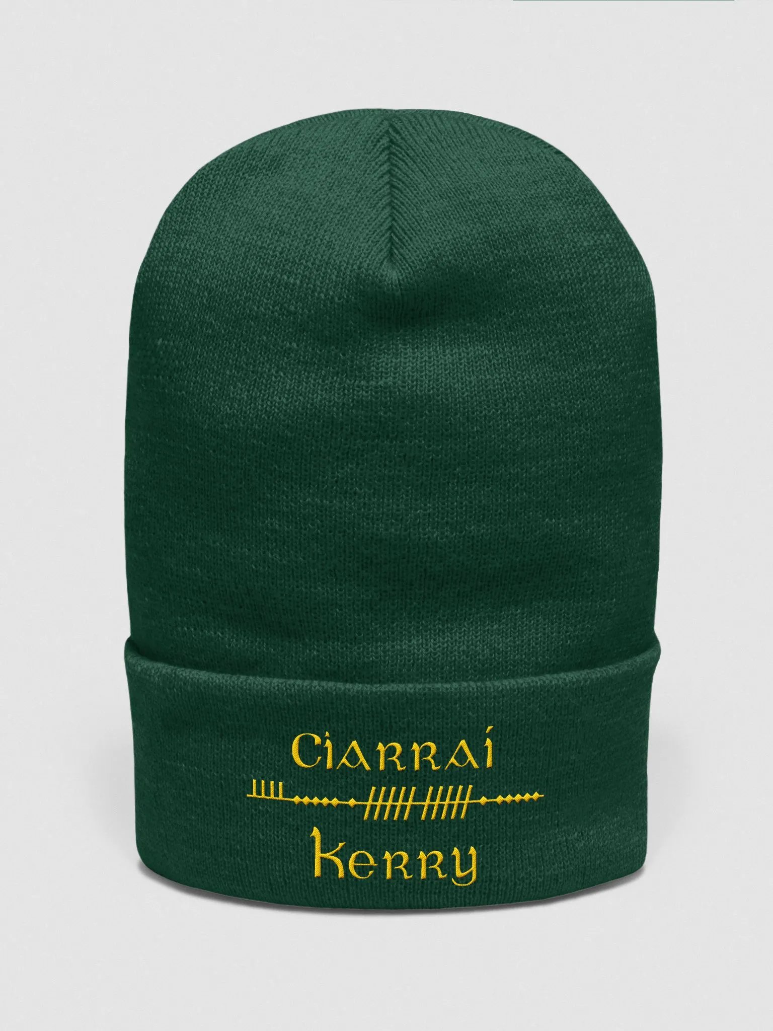 Kerry/Ciarraí Scholastic style Ogham, Green with gold, embroidered Cuffed Beanie product image (1)