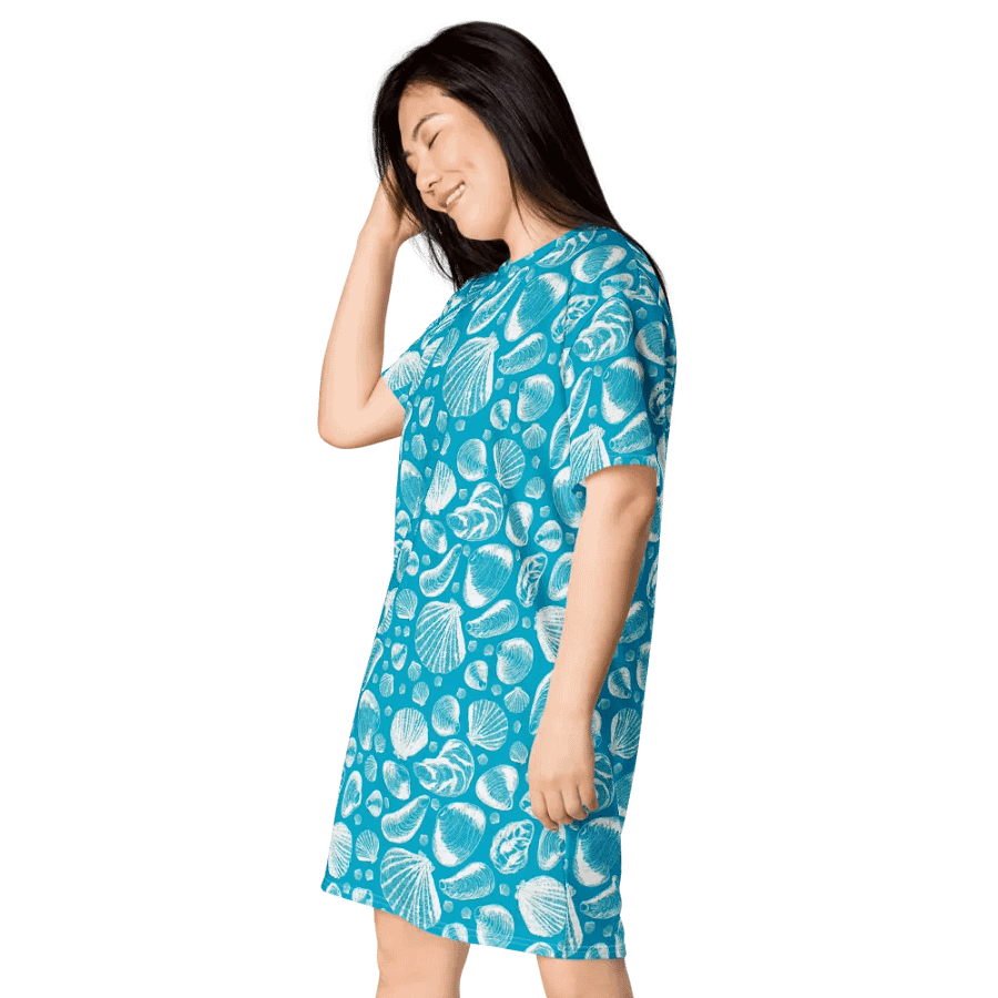 Women's | New England Tidal Treasures | T-Shirt Dress | Seashell Print, Oversized & Comfy | White on Cyan Blue product image (3)