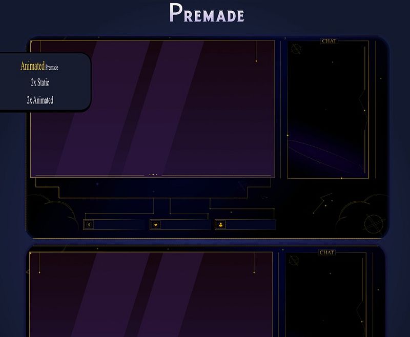 SIMPLE Dark STREAM OVERLAY Celestial, Dark overlay pack, Celestial Animated Overlay, Stream overlay pack, Black and gold Overla