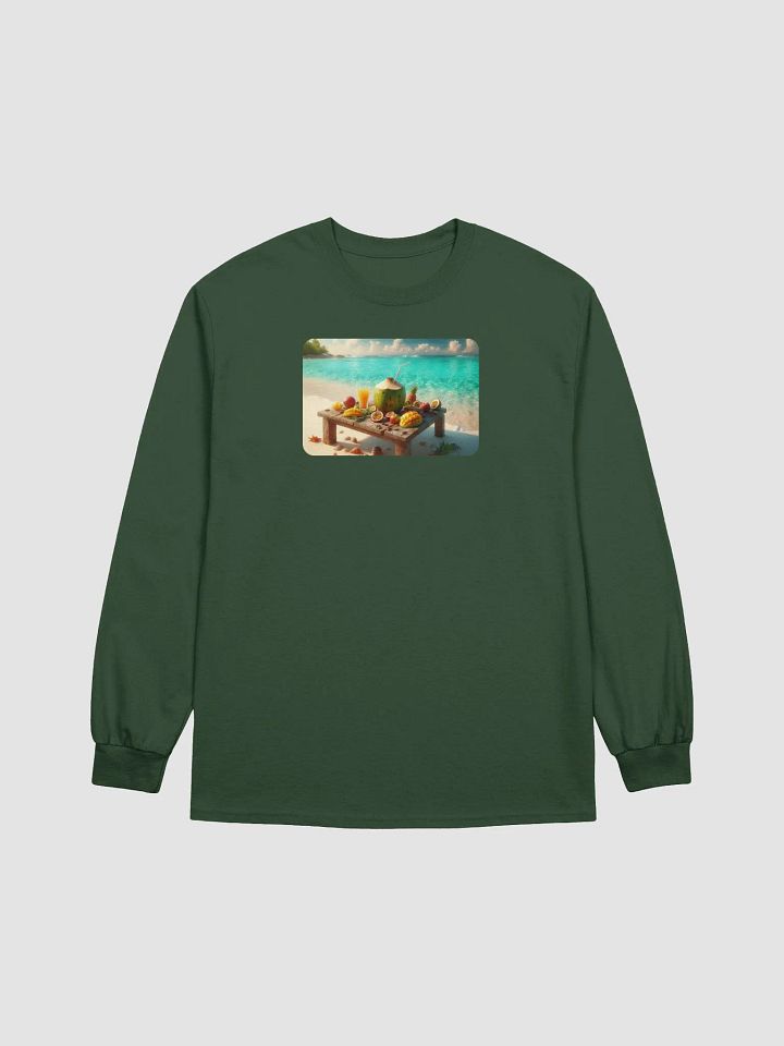 Tropical Fruit Paradise Long Sleeve Tee | AI Design – Sea Water on White Sand product image (1)