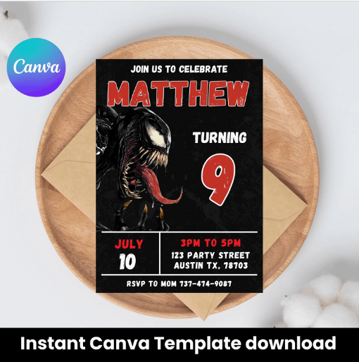 Venom 3 Birthday Invitation | Superhero Theme | Editable Canva Template | Instant Download | Venom Party Invite | DIY Superhero Birthday product image (1)