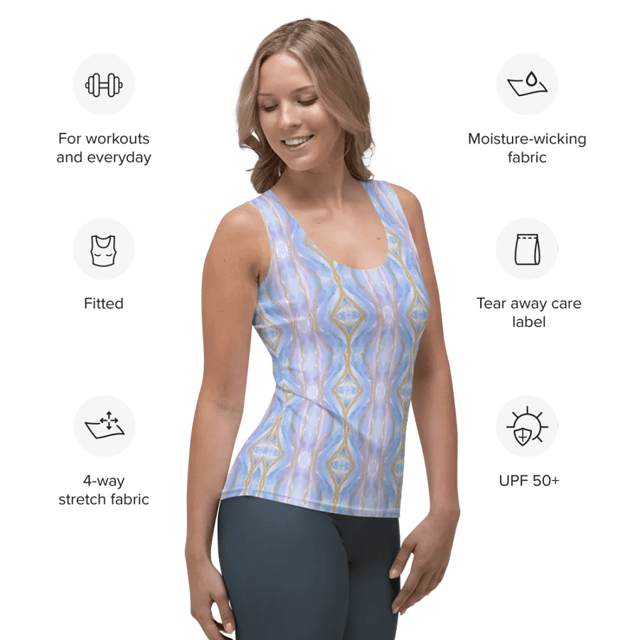 Ladies all over print tank top with soft  pastel blues and pinks.. Stylish and chic for the lady who likes the unusual. product image (7)